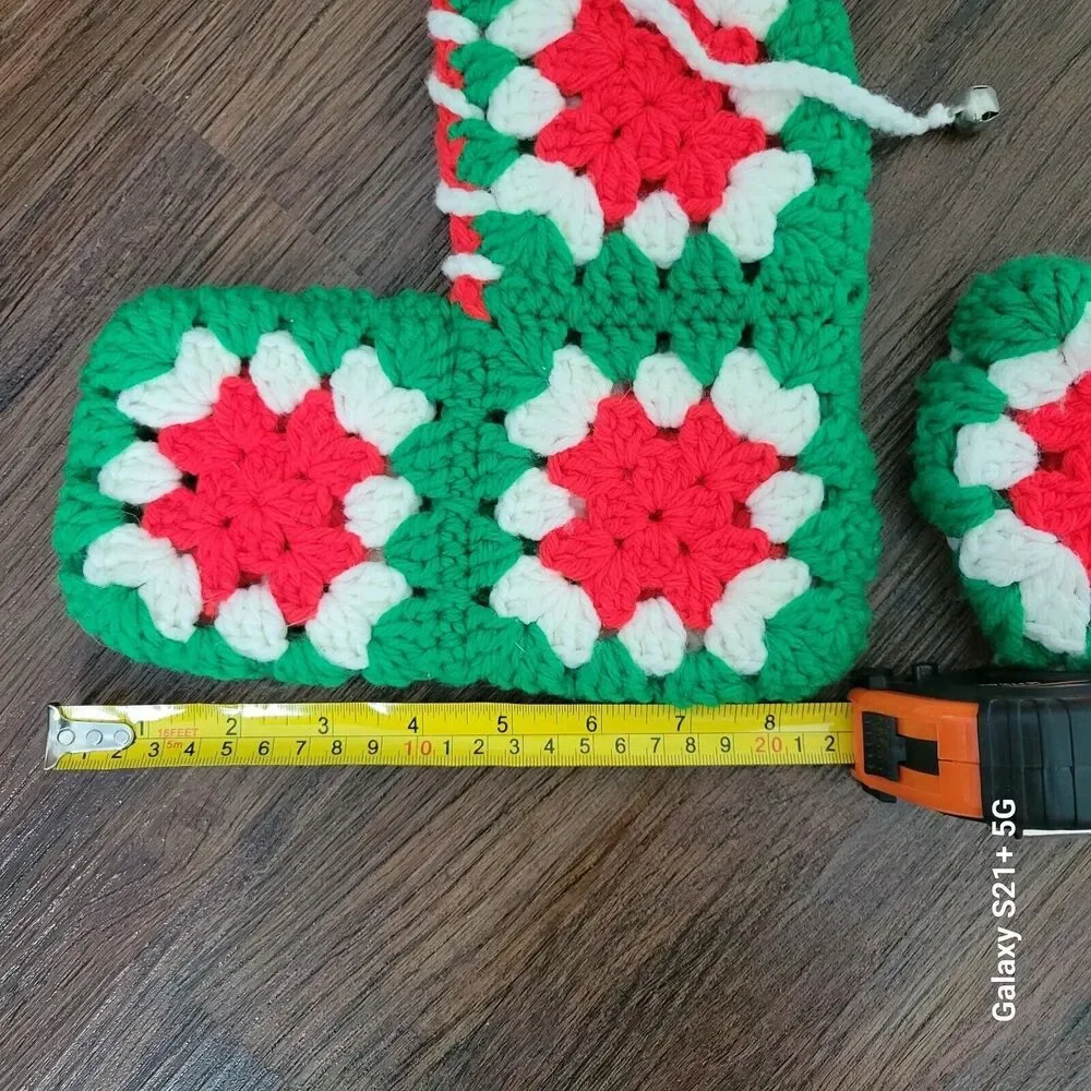 Lot of 10 Granny square Christmas stocking green red white Handmade Bells